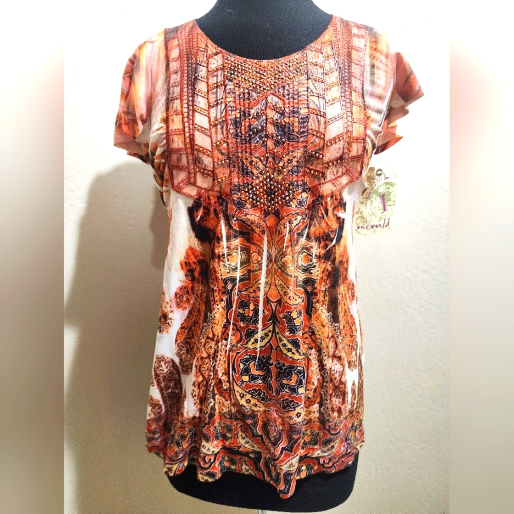 One World Women's Orange Bohemian Top NWT XS